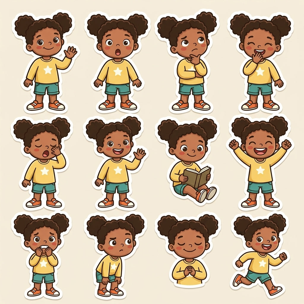 Mila the explorer in twelve different expressions