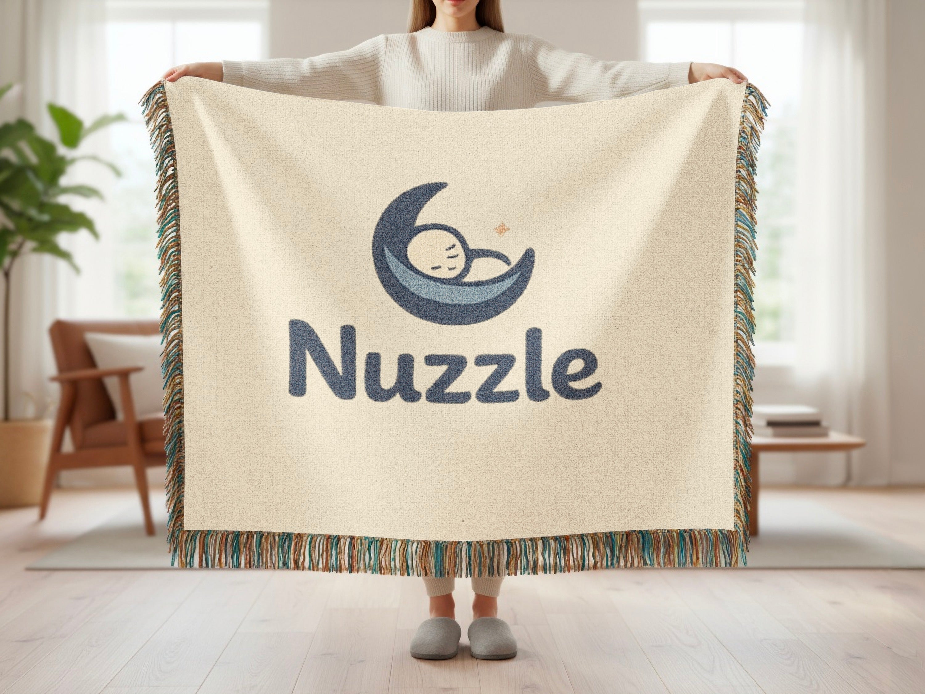 Cream blanket with fringe, featuring a blue moon and baby logo and "Nuzzle" text.