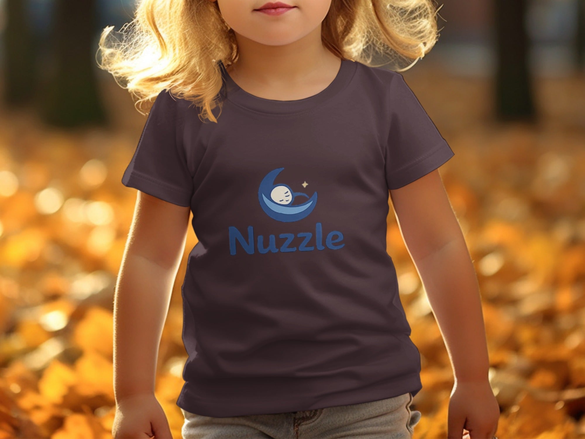 Dark purple t-shirt on child with blue moon and Nuzzle logo.
