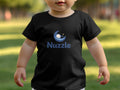 Black toddler t-shirt with blue crescent moon and sleeping baby logo and "Nuzzle" text.