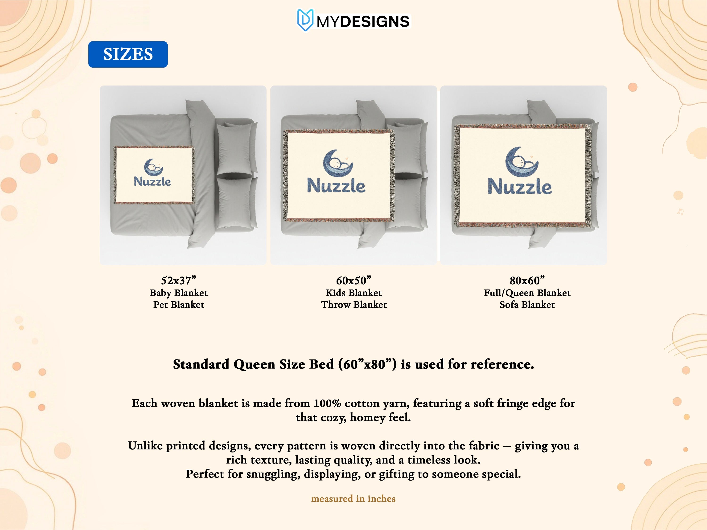 Three woven blankets with "Nuzzle" logo shown on beds in different sizes.