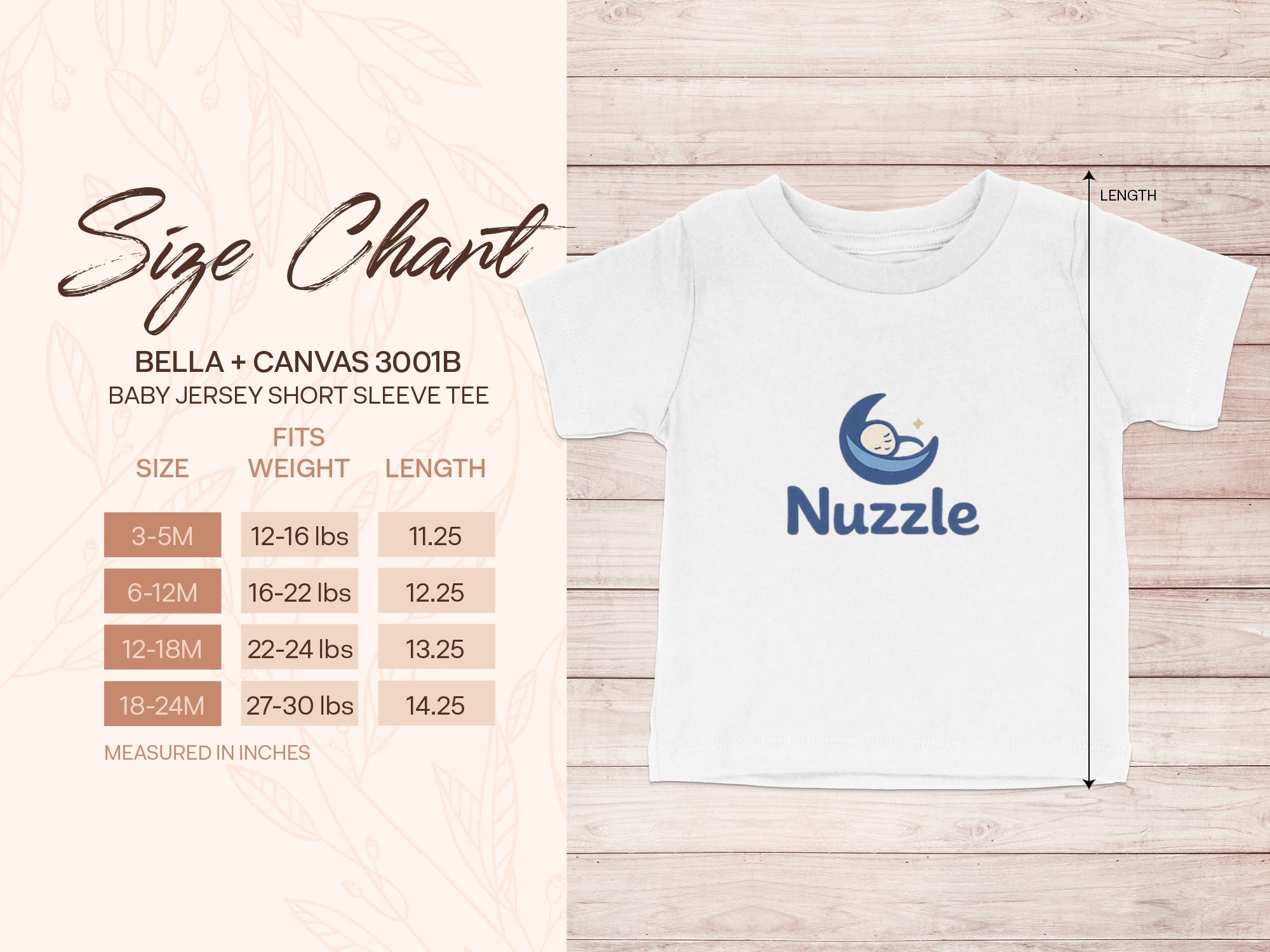 Size chart for Bella + Canvas 3001B baby jersey tee with measurements in inches.