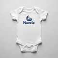 White baby bodysuit with Nuzzle moon logo printed on chest