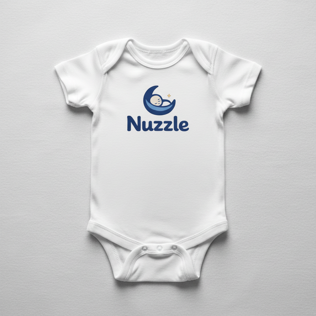 White baby bodysuit with Nuzzle moon logo printed on chest
