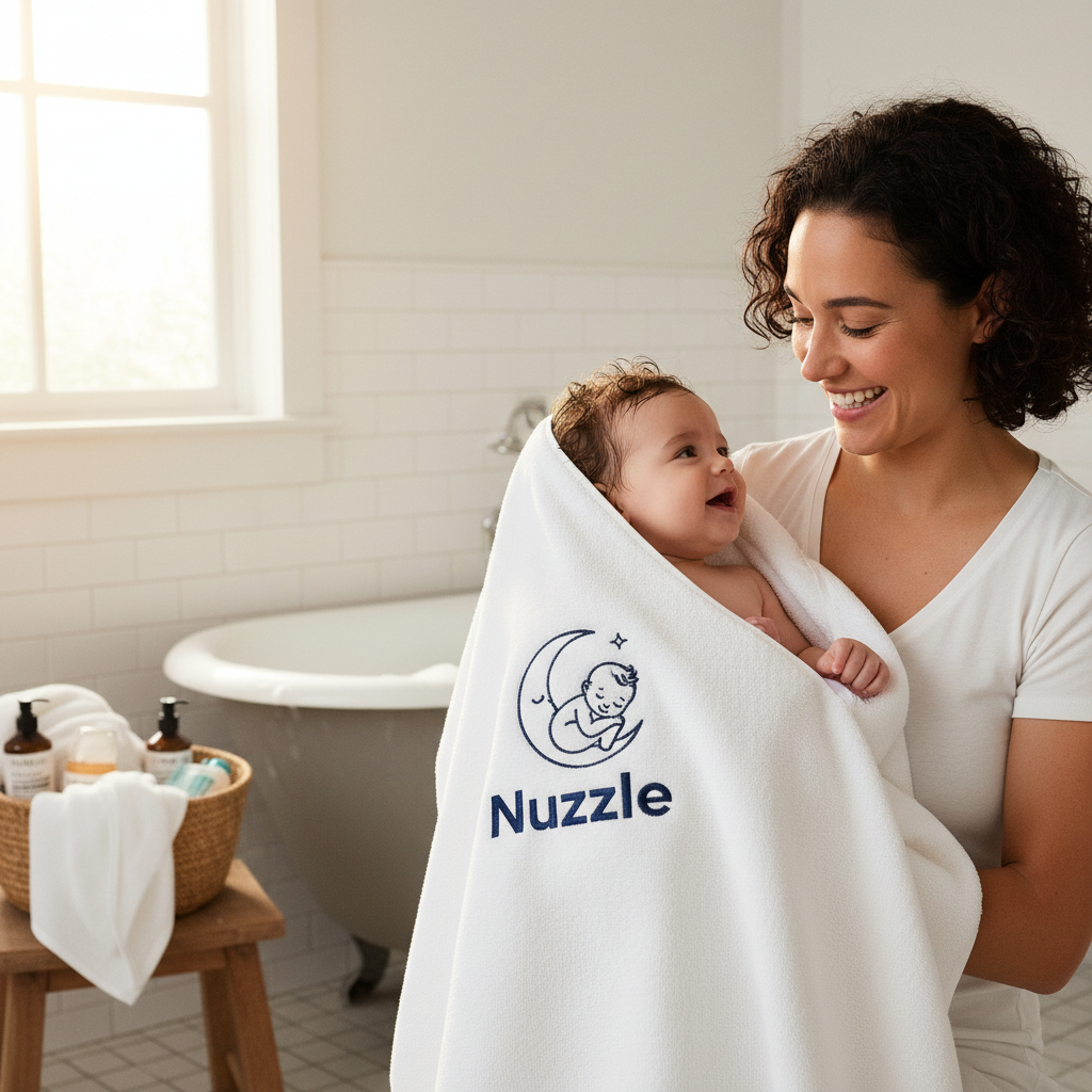 Parent wrapping baby in white Nuzzle hooded towel after bath