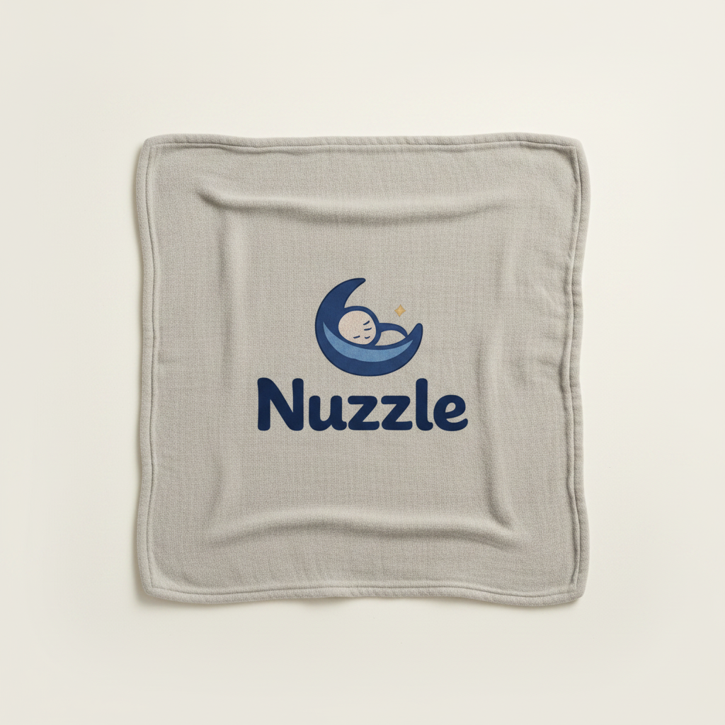 Warm grey baby blanket with Nuzzle moon logo