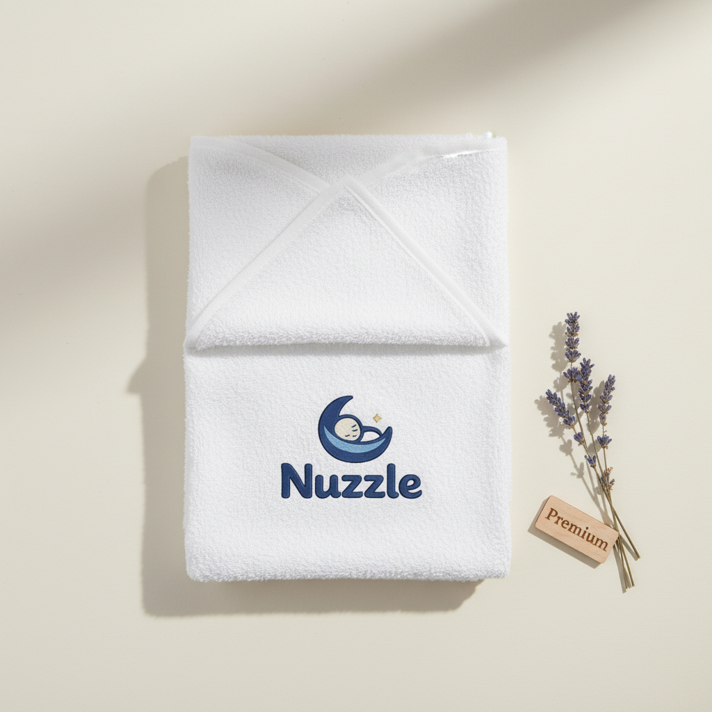 White baby hooded towel with Nuzzle moon logo