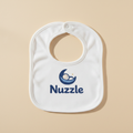 White baby bib with Nuzzle moon logo printed on front