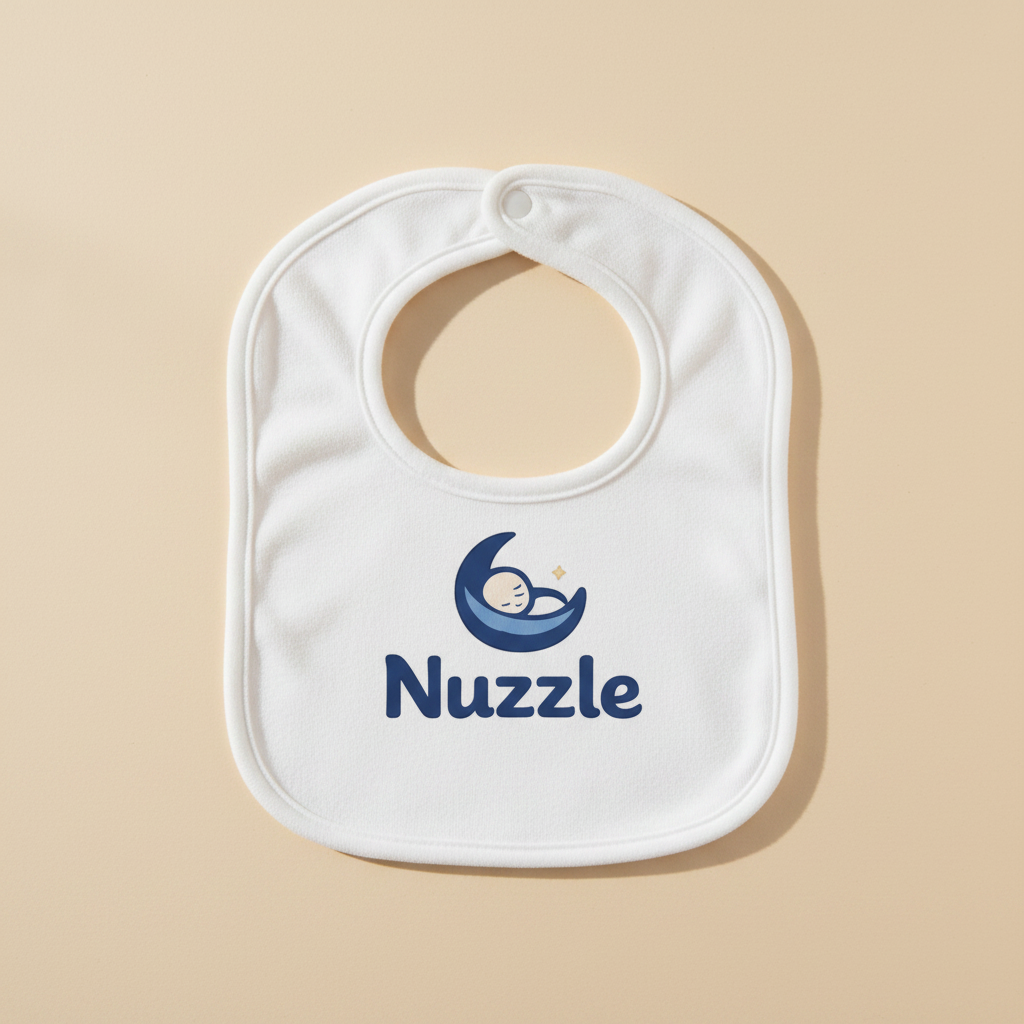 White baby bib with Nuzzle moon logo printed on front
