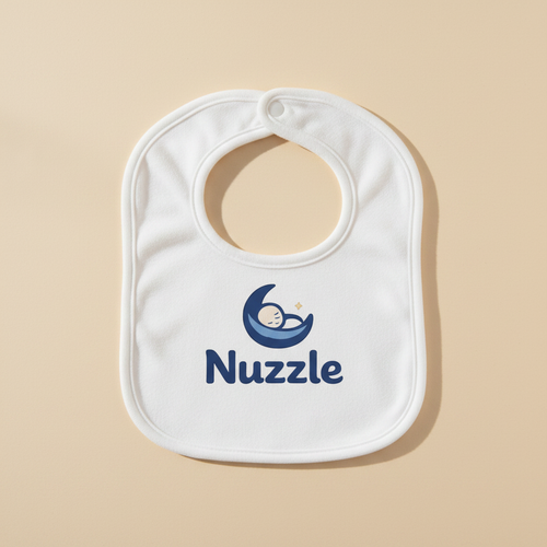 White baby bib with Nuzzle moon logo printed on front