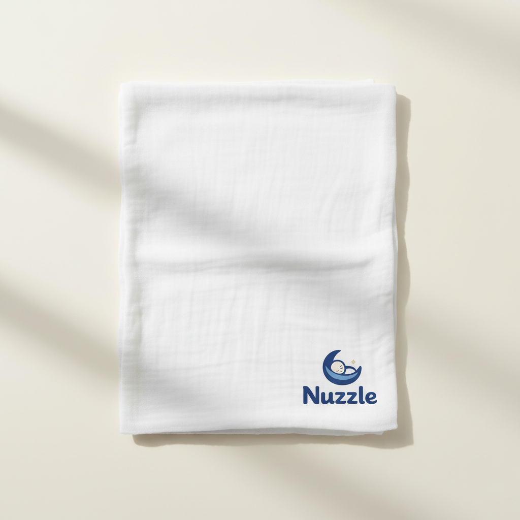 White muslin wrap with Nuzzle moon logo in corner