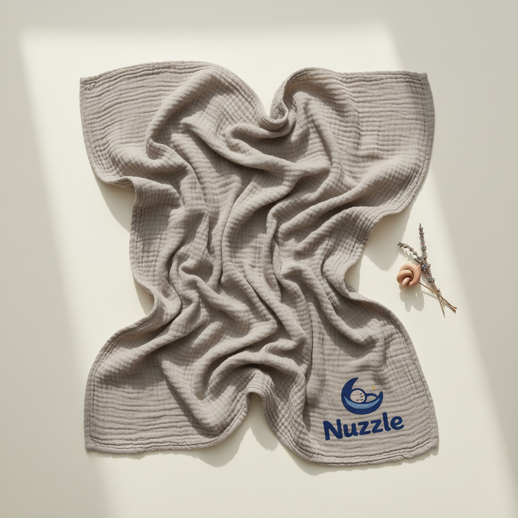 Warm grey muslin wrap with Nuzzle moon logo
