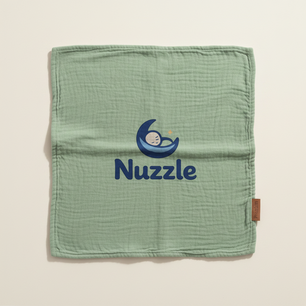 Sage green baby blanket with Nuzzle moon logo