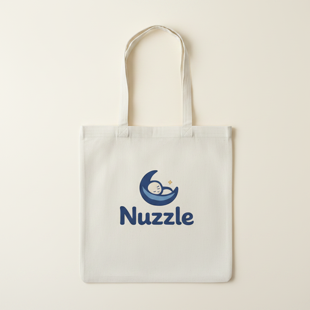 White canvas tote bag with Nuzzle moon logo on front