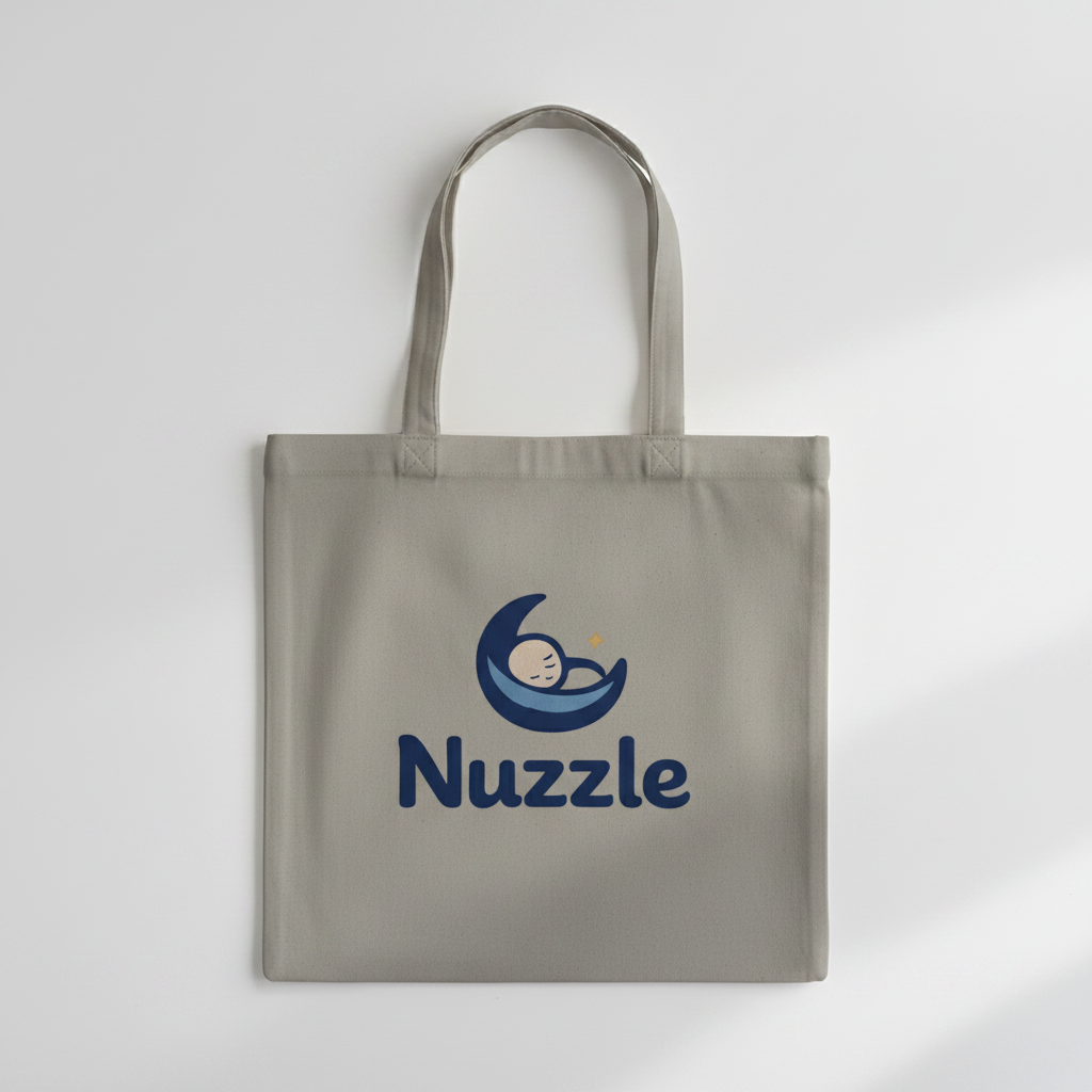Warm grey canvas tote bag with Nuzzle moon logo