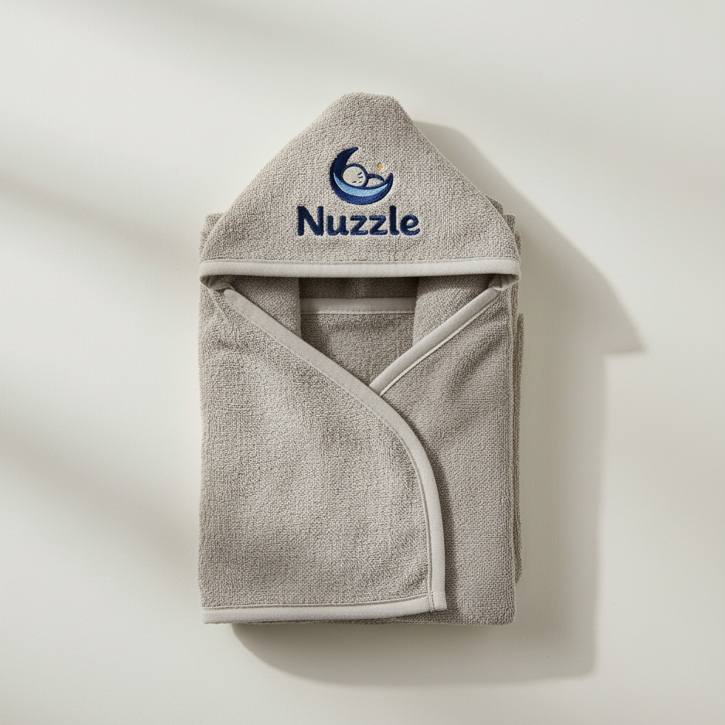 Warm grey baby hooded towel with Nuzzle moon logo