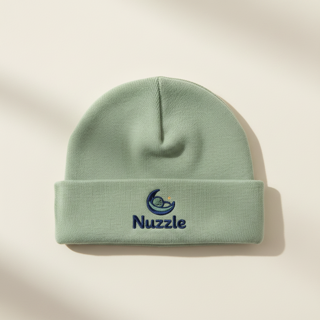 Sage green baby beanie with Nuzzle moon logo embroidered on front