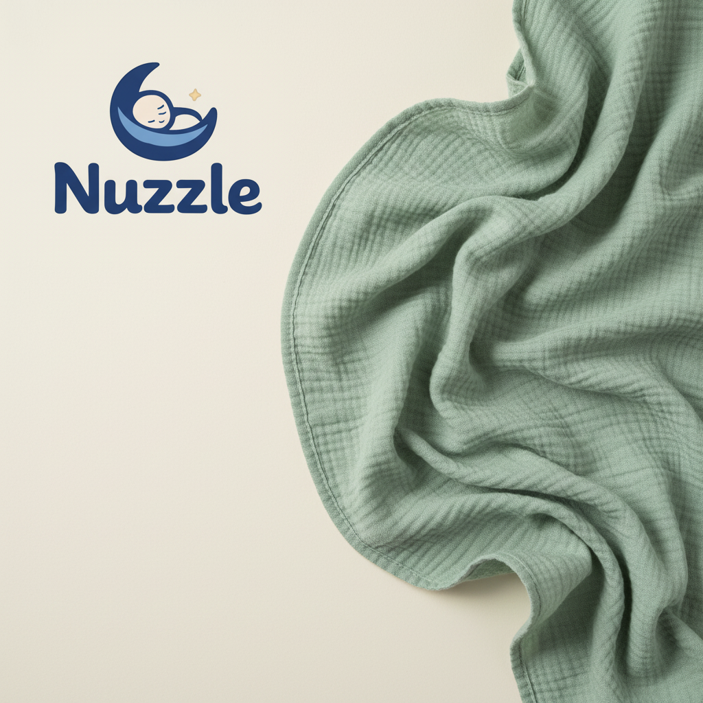 Sage green muslin wrap with Nuzzle moon logo