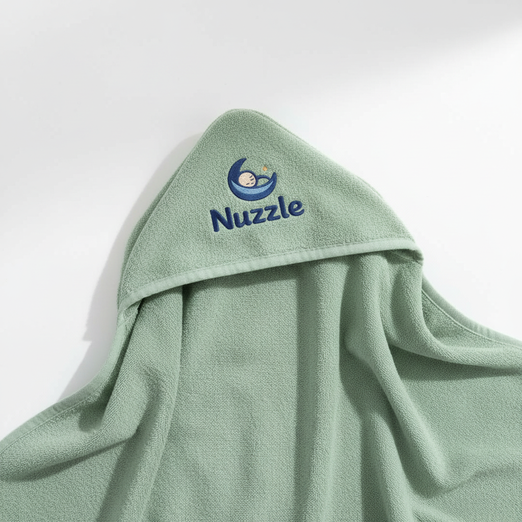 Sage green baby hooded towel with Nuzzle moon logo