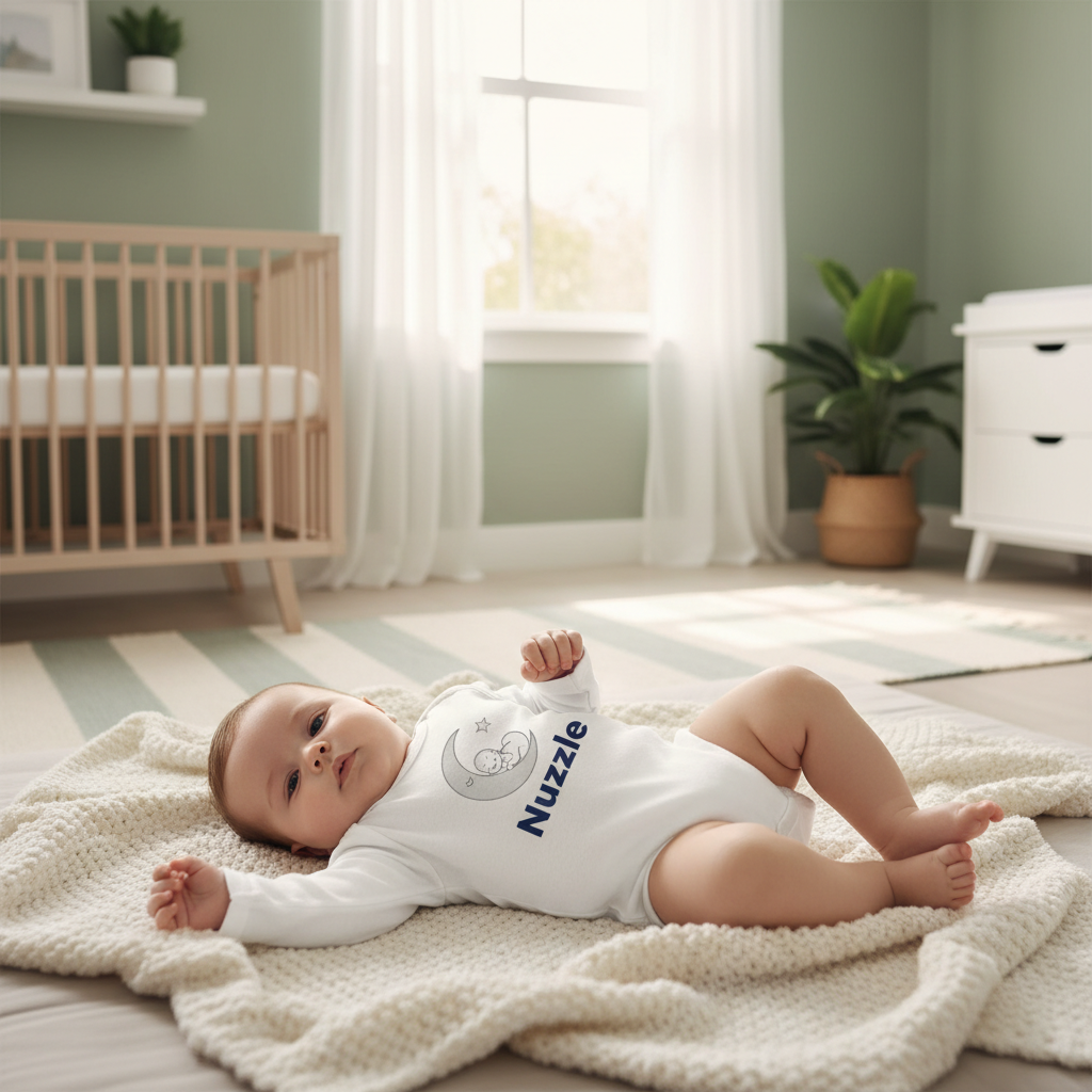 Baby wearing white Nuzzle bodysuit with logo on chest