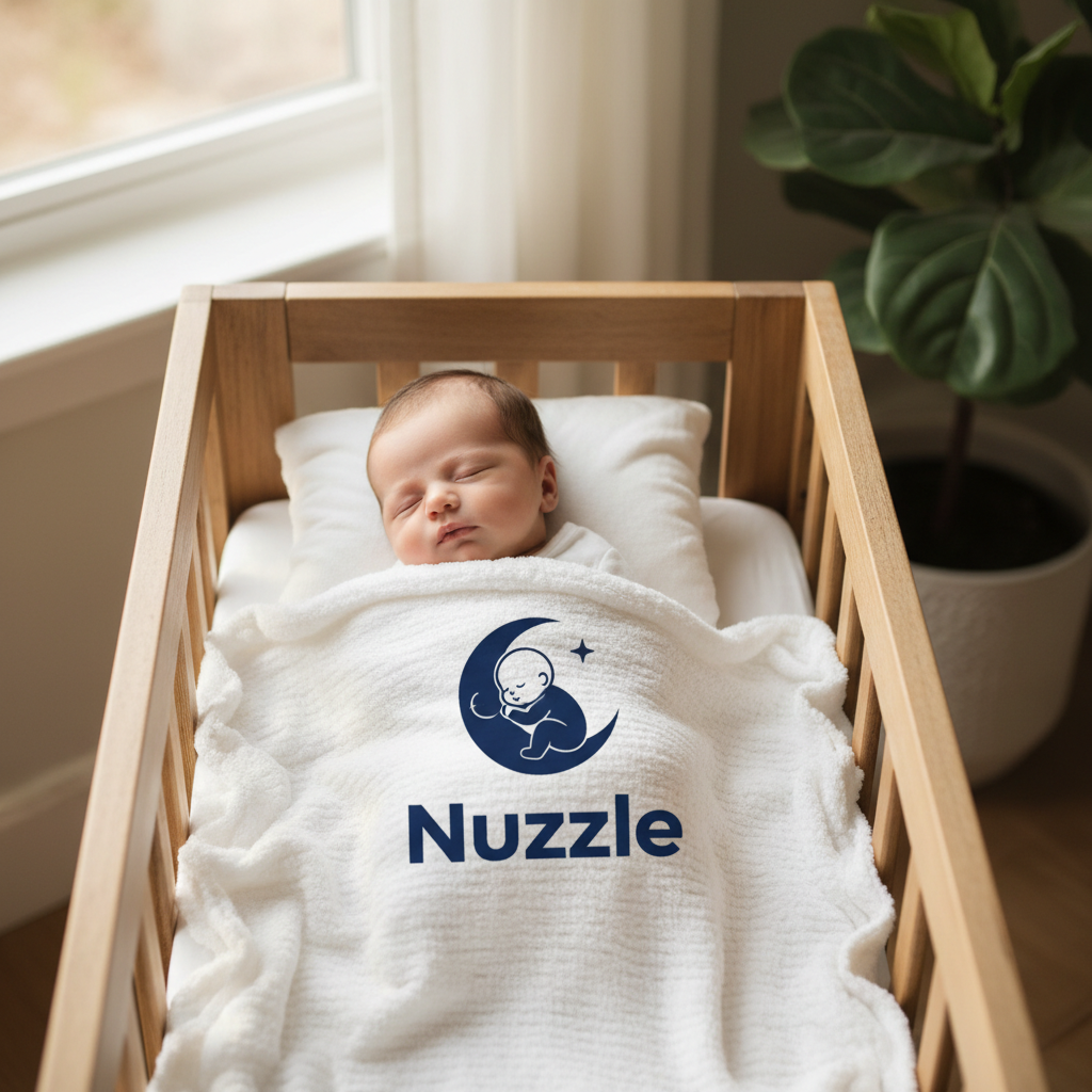 Newborn wrapped in white Nuzzle blanket with logo visible