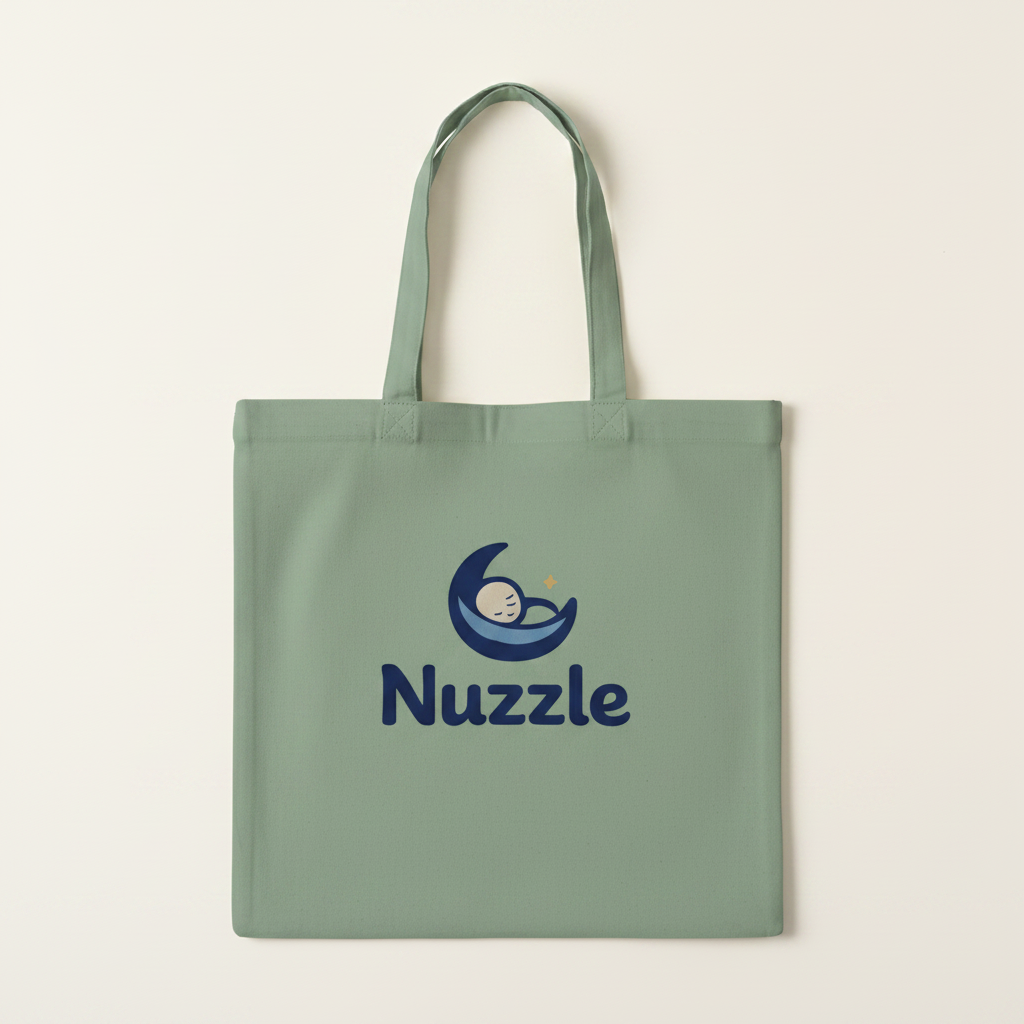 Sage green canvas tote bag with Nuzzle moon logo